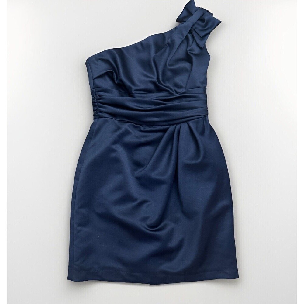 David's Bridal One Shoulder Mini Satin Dress Sz 6 Navy Bow Hoco Grad Formal